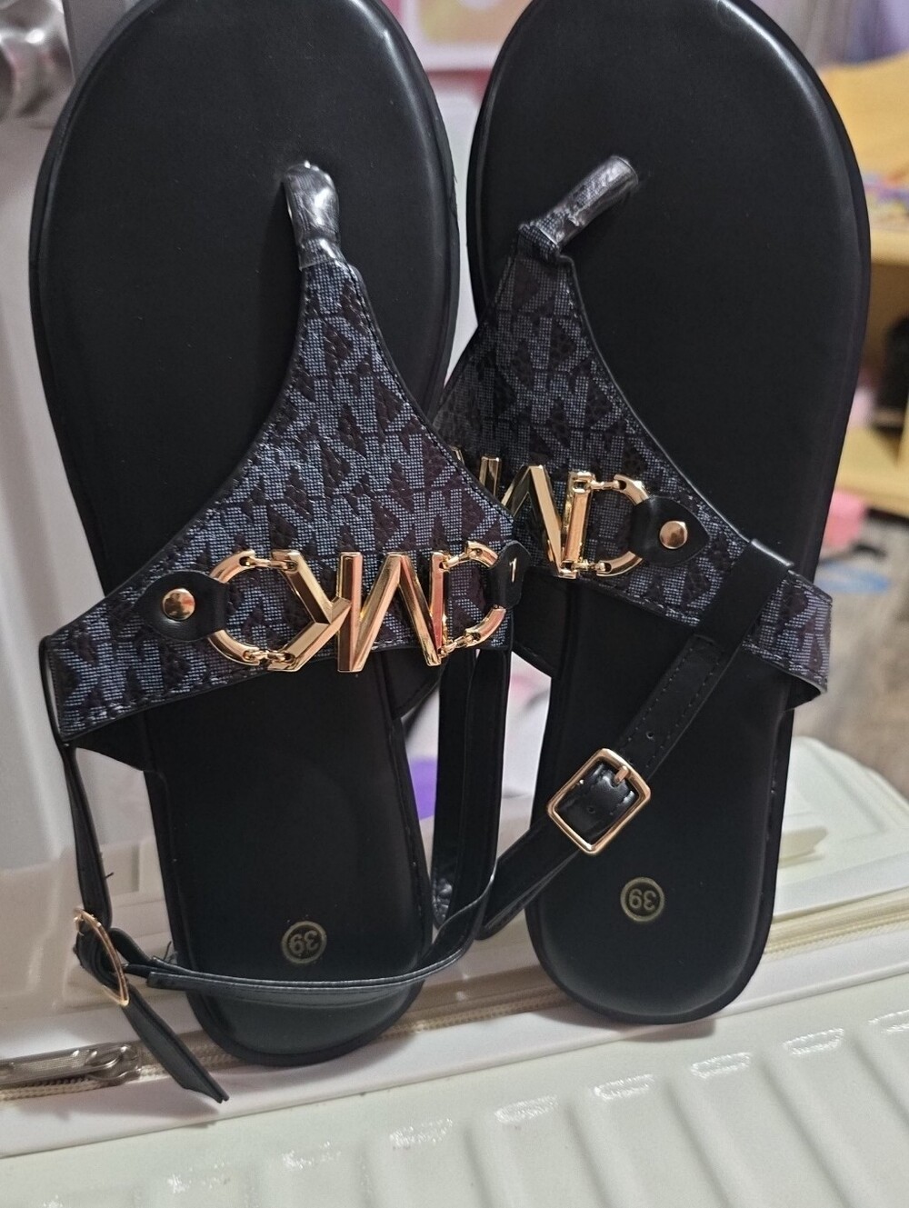 Michael Kors Black Logo Thong Sandals with Gold Accents